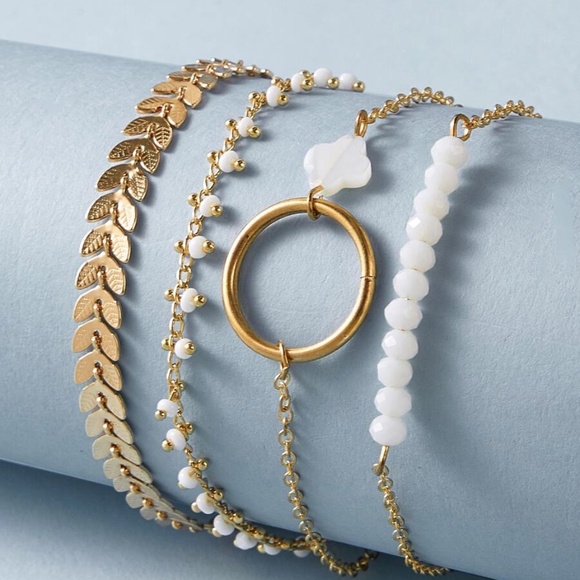 Boho Leaves Circle Bead Gold Tone 4 bracelet set - Picture 3 of 4